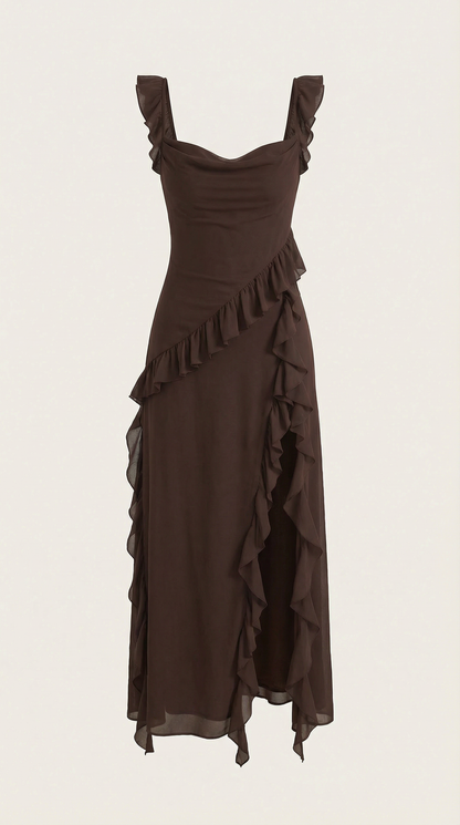 Robe maxi femme à volants col V