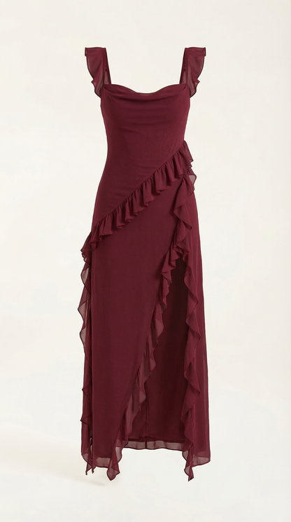 Robe maxi femme à volants col V
