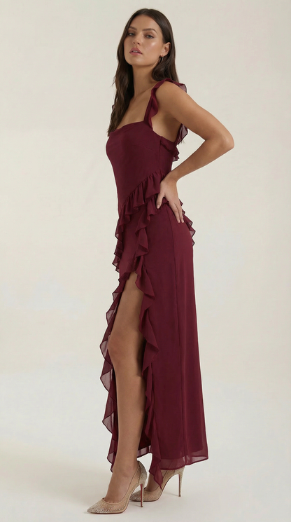 Robe maxi femme à volants col V