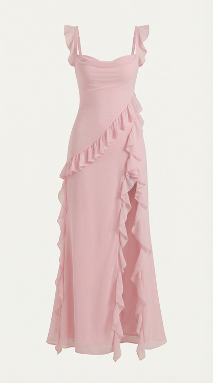 Robe maxi femme à volants col V