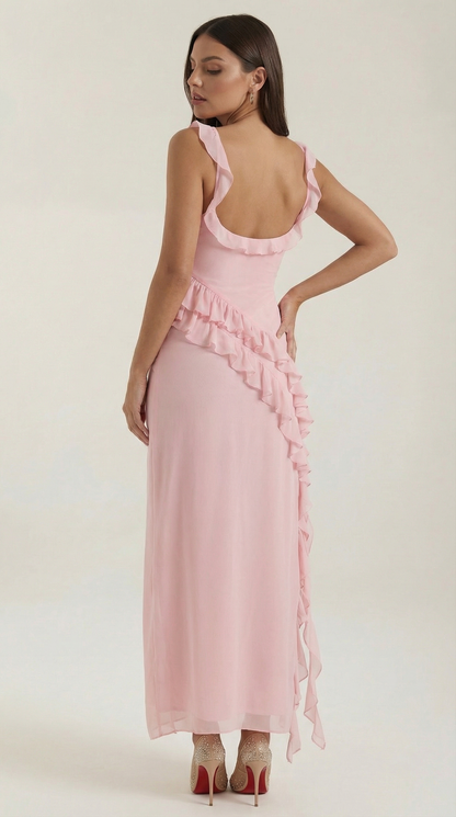 Robe maxi femme à volants col V