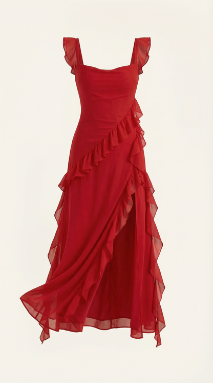 Robe maxi femme à volants col V