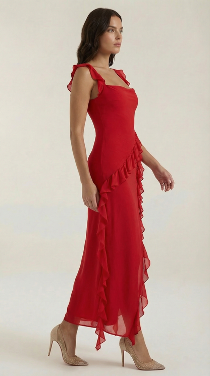 Robe maxi femme à volants col V