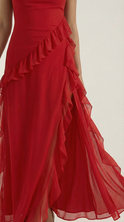 Robe maxi femme à volants col V