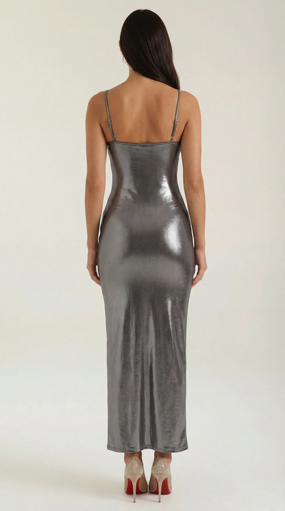 Robe maxi moulante femme métallisée bretelles fines